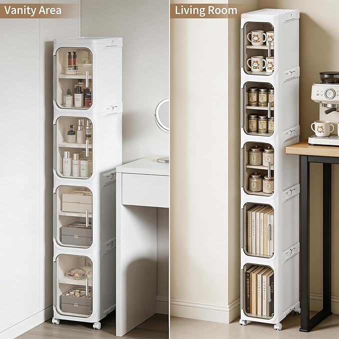 LXLXXL 5-Tier Narrow Storage Cabinet Slim Bathroom Storage Cabinet with Movable Wheels Tall Bathroom Organizer Skinny Cabinet for Small Spaces, White