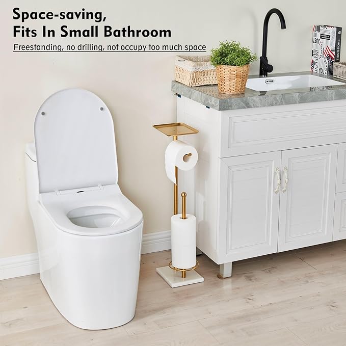 Gold Toilet Paper Holder with Shelf, Free Standing Toilet Paper Holder with Storage - Toilet Paper Stand for Holding Extra 3 Rolls, Tissue Holder for Bathroom (Gold with Marble Base)