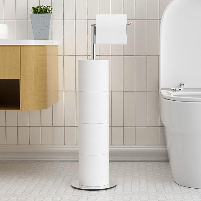 Toilet Paper Holder Stand and Dispenser for 4 Spare Rolls, Stainless Steel Free-Standing Toilet Tissue Paper Roll Storage Shelf