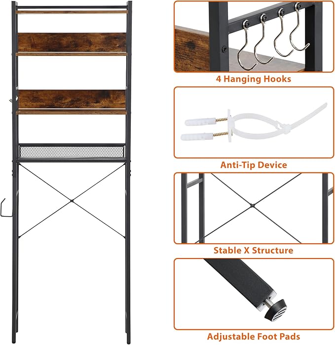 SUPER DEAL Over The Toilet Storage Shelf, 4-Tier Bathroom Organizer Space Saver Rack Wood Shelf, Rustic Brown