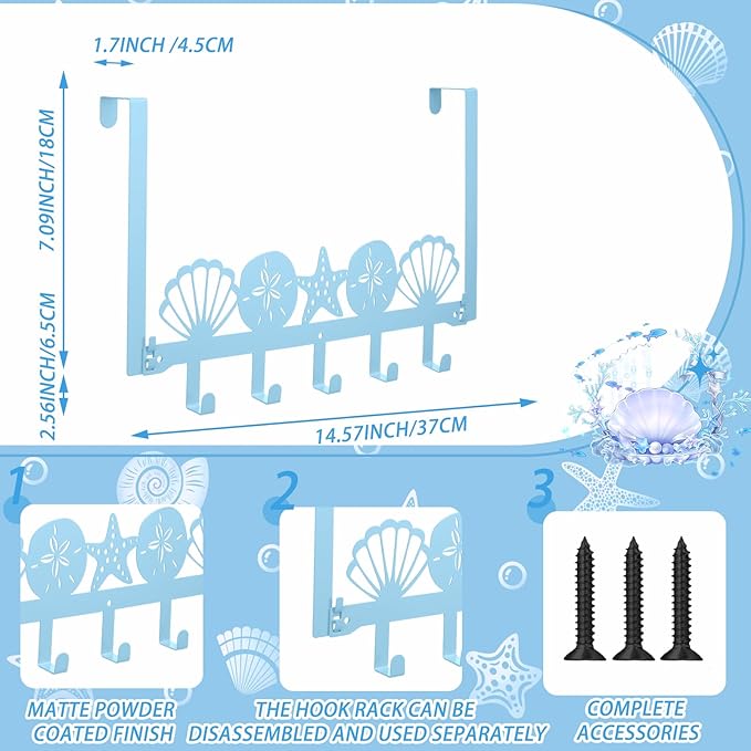 AceOrbit Blue Beach Over The Door Hooks Seashells and Starfish Wall Mount Bathroom Towel Hanger Decorative Nautical Coastal Door Holder Rack with 5 Hooks Hanging for Coat Keys Bags Home Room Decor