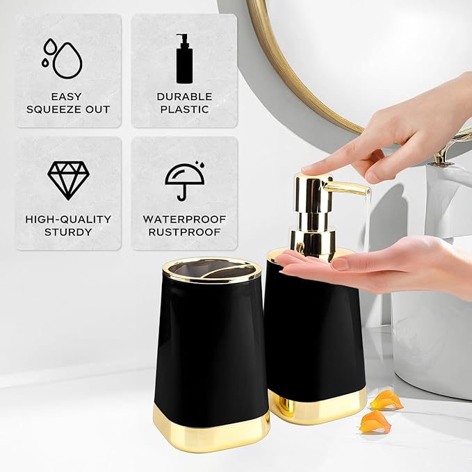 Bathroom Accessories Set, 2Piece Black and Gold Bathroom Accessories Include Soap Dispenser and Toothbrush Holder for Modern Bathroom Decor