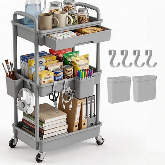 3 Tier Rolling Utility Cart with Drawer, Plastic Storage Organizer Rolling Carts with Wheels Handles Hanging Cups Hooks for Office, Bathroom, Kitchen,Craft Art Room (Grey)