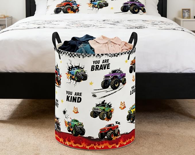 ESSME Kids Laundry Basket,Monster Truck Hamper Collapsible Canvas Storage Bin for Boys, Cute Hamper,Gift Baskets(Flame Truck)