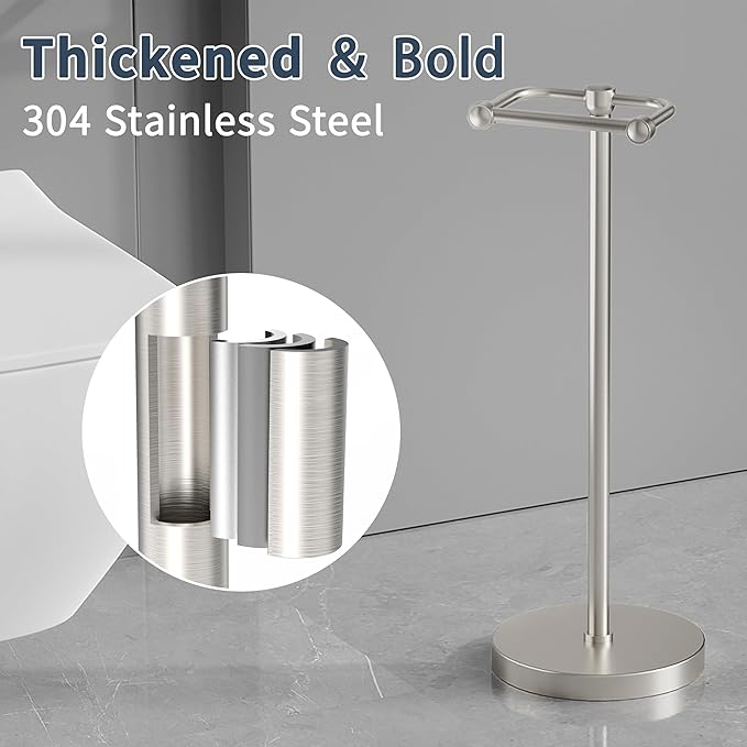 RARXTR Toilet Paper Holder Stand, Post Pivoting Design Free Standing Toilet Paper Holder, SUS304 Stainless Steel Toilet Paper Roll Holder, Heavy Stable Base (Brushed Nickel)