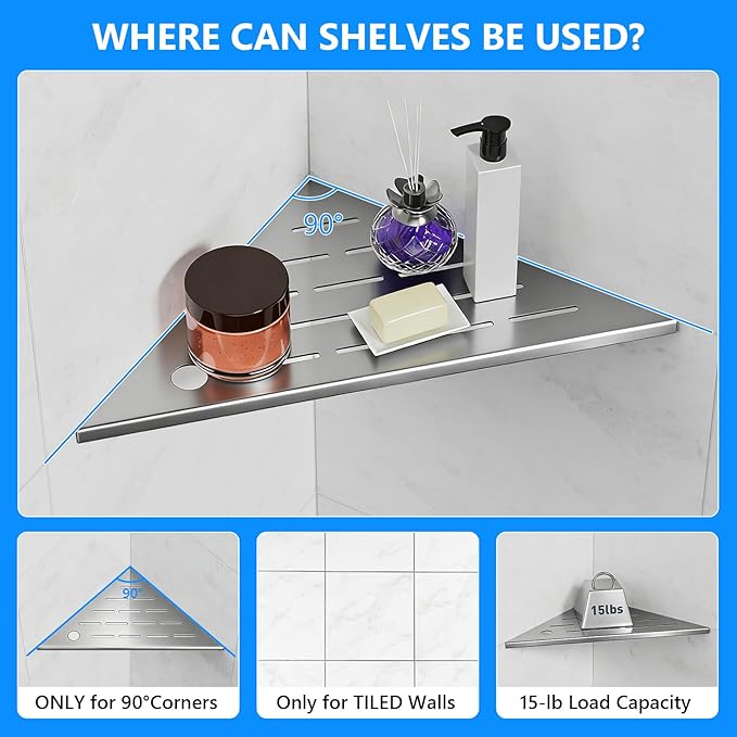 Shower Shelves, Corner Shower Shelf, 304 Stainless Steel Shower Caddy with Razor Hole, Shower Shelf for Inside Shower, Modern Sturdy Shelves for Tile Walls, Bathroom Shelves (Silver)