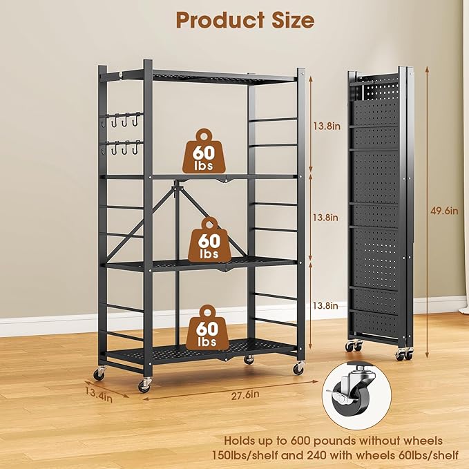 4-Tier Folding Metal Storage Shelf with Wheels & Hooks, Heavy Duty No-Assembly Collapsible Utility Rack for Kitchen, Garage, Office, Living Room – 600 lbs Capacity(Black, 4-Tier)