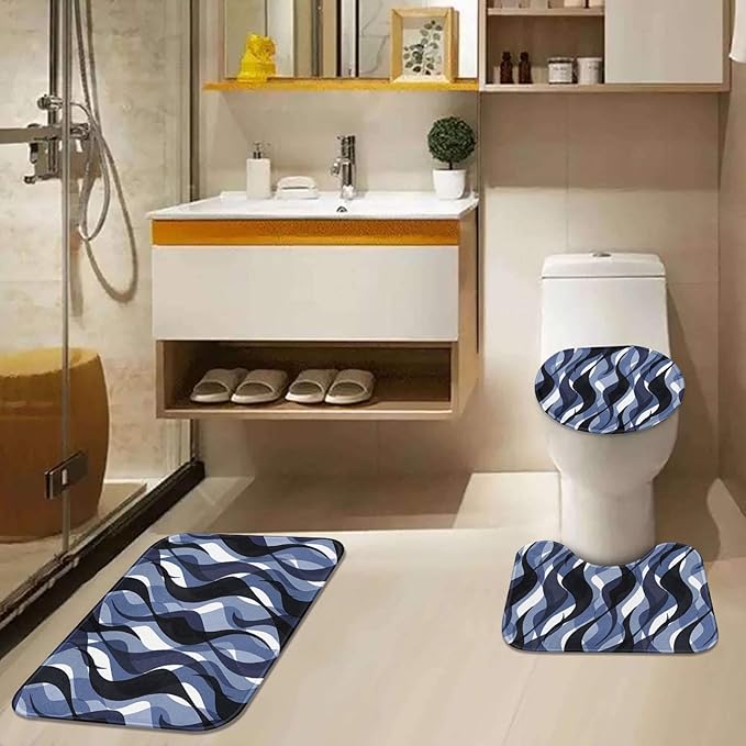 Blue Shower Curtain Set with Toilet Lid Cover and Non-Slip Rugs for Bathroom, Geometric Lines Ombre 4 Pcs Shower Curtain, Simple Abstract Modern Bathroom Set with 12 Hooks