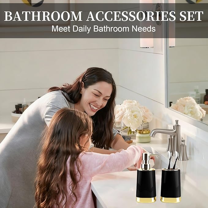 Bathroom Accessories Set, 2Piece Black and Gold Bathroom Accessories Include Soap Dispenser and Toothbrush Holder for Modern Bathroom Decor