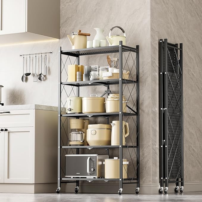 HealSmart Heavy Duty 5-Tier Foldable Metal Rack, 27.95" D x 14.96" W x 63.78" H Storage Shelving Unit 1250 lbs with Wheels Moving Organizer Shelves for Garage Kitchen, Black, 2 Pack