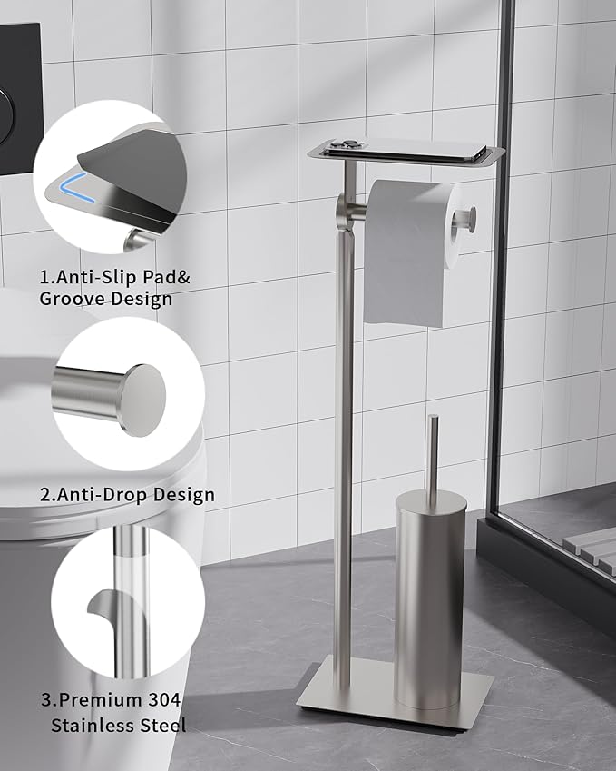 Toilet Paper Holder Stand, Free Standing Toilet Paper Holder with Shelf for Bathroom, Stainless Steel Brushed Nickel Toilet Tissue Holder with Brush and Holder Set, Weighted Base