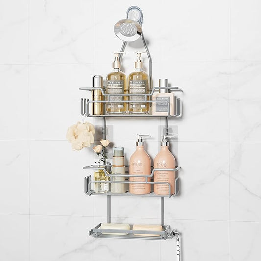 SWTYMIKI Bathroom Shower Caddy Hanging - 3 Tier Rustproof Over Shower Head Organizer, No Drilling Bathroom Shelf with 16 Hooks & Soap Holder, Anti-Swing Rack for Shampoo,Sponge,Towel, Silver, Medium