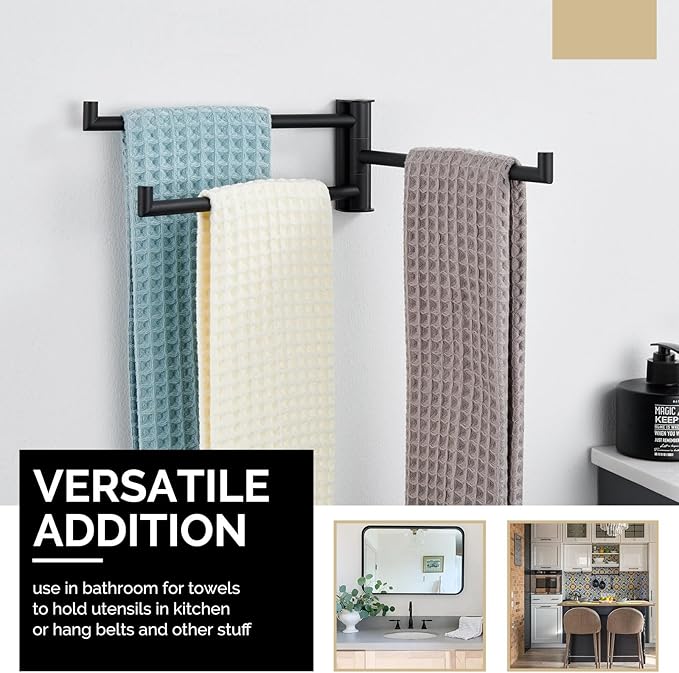 Angle Simple Swivel Hand Towel Holder, SUS 304 Stainless Steel Foldable 3 Towel Bars for Bathroom, Matte Black
