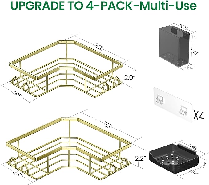 Adhesive Shower Caddy, 4 Pack Corner Bath Organizer, Rustproof Stainless Steel Shower Shelves with Large Capacity, No Drilling Shelves for Bathroom Storage, Home, Kitchen Décor(Gold)