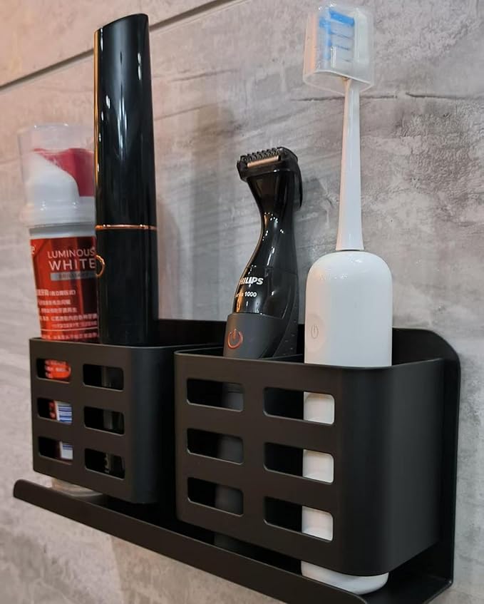 Aluminum Toothbrush Holder Self-Adhesive Wall Mount Bathroom Organizer for Toothbrush, Razor, Comb & Toothpaste (Black)