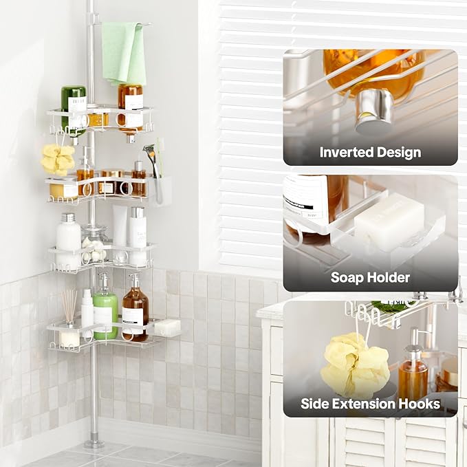 Corner Shower Caddy Tension Pole, 4 Tier Rustproof Shower Tension Rod Organizer with Soap Holder & Hooks, Adjustable 30-121 Inch Bathroom Shelf for Renters - Family Stand Storage Rack, Silver