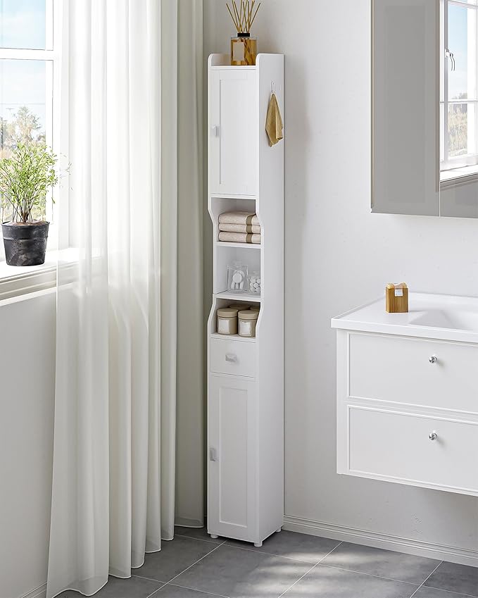 HEXCELEN Bathroom Storage Cabinet, Narrow Tall Bathroom Cabinet, Freestanding Floor Cabinets with 2 Doors and 1 Drawer, Toilets Organizer with Adjustable Shelf, 1 Hook for Small Spaces, White