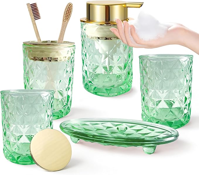 5PCS Bathroom Accessory Set,Green Bathroom Countertop Organizer Set with Soap Dispenser, Toothbrush Holder, Tumbler, Q-tip Holder & Soap Dish,Elegant Functional Glass Set, Gift for Home & Apartment