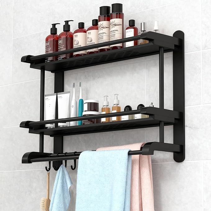 Stainless Steel Shower Organizer with Towel Bar - Rustproof Bathroom Shelf with Ventilated Design, Wall Mounted 2-Tier Storage Rack for Bath Products & Hanging Towels (Black)