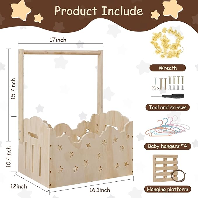 Wooden Baby Shower Crate Closet with Star Design, Hangers & Handle, Large Wooden Crate for Baby Shower Display, Newborn Welcome Basket, Nursery Storage & Decor Organizer