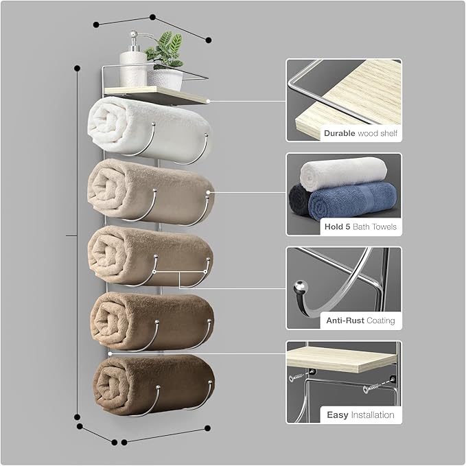 Sorbus Bathroom Towel Holder - 5 Tier Metal Towel Rack with Wood Shelf for Rolled Bath Towels, Washcloths, Linens, Hand Towels, Soaps & Accessories - Wall Mounted Towel Rack for Bathroom Towel Storage
