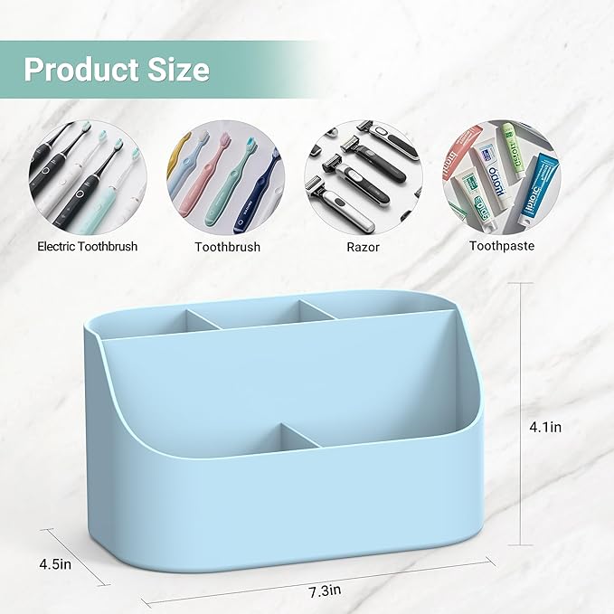 Countertop Toothbrush Holders for Bathrooms, Plastic Toothpaste and Electric Tooth Brush Holder Storage Caddy Stand for Shower, 5 Slots Cute Kids Bathroom Counter Organizer for Vanity, Light Blue