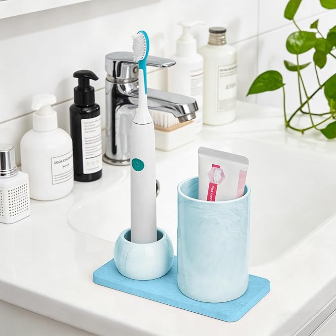 Ceramic Toothbrush Holder & Toothbrush Cup with Diatomite Tray for Bathroom, Bathroom Tumbler Cups Reusable Toothbrush Mouthwash Cup, Shower Counter Storage Organizer (Blue)