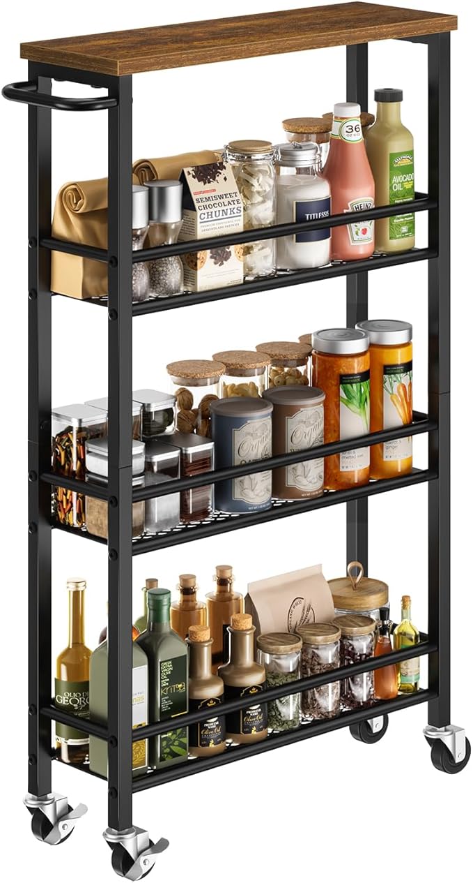 Pipishell Slim Storage Cart with Wheels - 4 Tier Rolling Kitchen Storage Cart with Handle and Wood Top, Metal Slim Bathroom Cart for Laundry Room, Bathroom, Kitchen, Narrow Space, Black & Rustic Brown