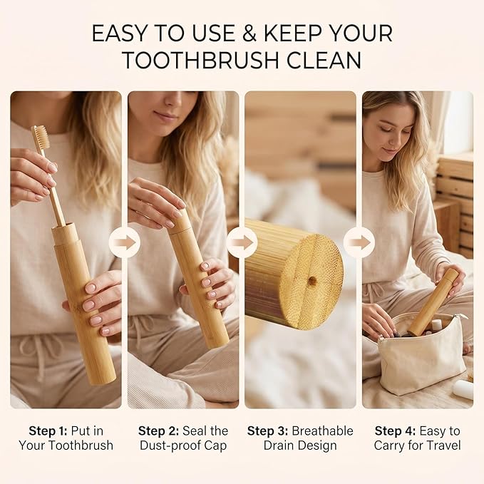 2 Pcs Natural Bamboo Toothbrush Storage Holder Empty Reusable Portable Toothbrush Case with Cover Personal Cleaning Tools Container Organizer Tube for Travel Trip