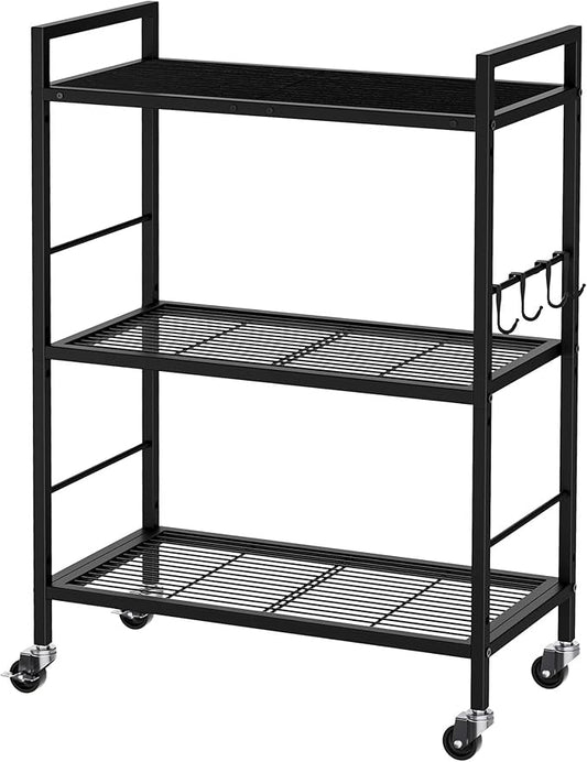 3-Tier Metal Storage Rack with Industrial Wheels,Mesh Shelving Unit with Wooden Table top,Adjustable Shelf,23.6-Inch Width,for Kitchen,Laundry,Pantry,Plant,Black panel and black frame
