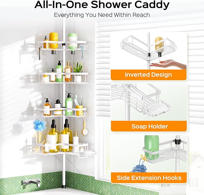 HAMITOR Shower Caddy Tension Pole: 4-Tier Corner Bathroom Organizer Shelf with Soap Holder & Hooks - No-Drill Adjustable Storage Rack for Apartment Renters - 47-123 Inch White