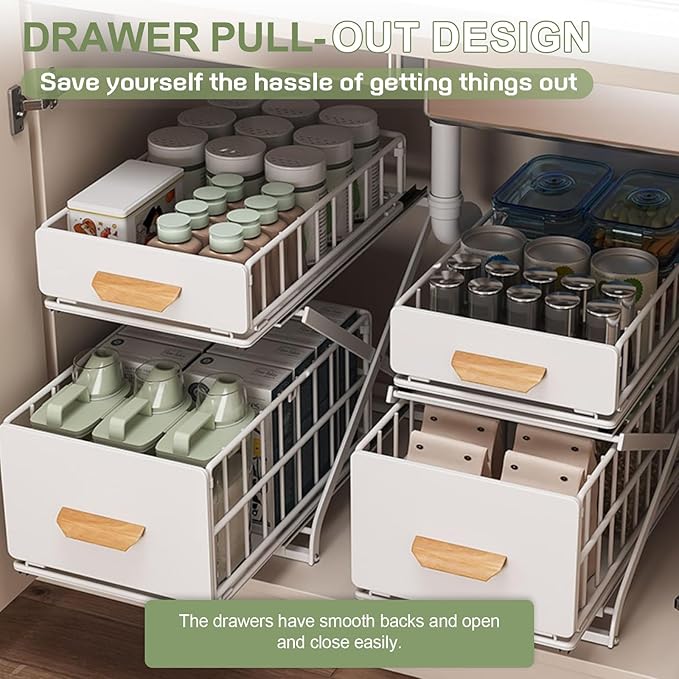 2 Tier Pull Out Pull out Cabinet Organizer with Adjustable Height, Under Sink Organizer, Slide out Pantry Shelves Drawer Storage for Kitchen Organization (White, 2 Tier)