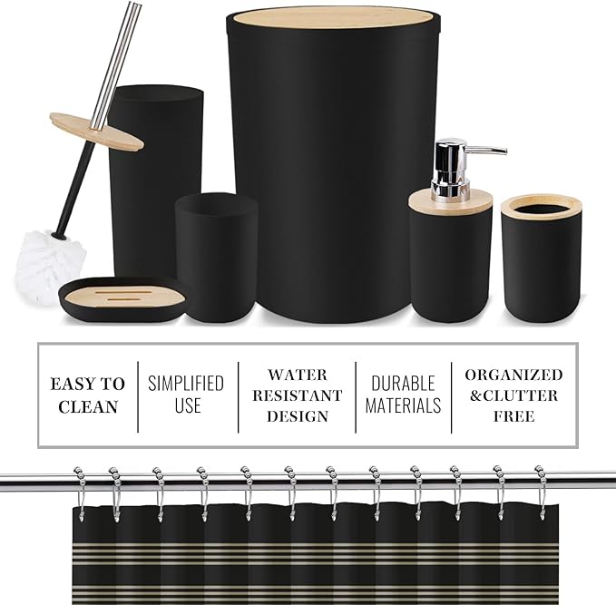 Bathroom Accessories Set - 19 PCS Black Bathroom Set with Shower Curtain, Trash Can, Toilet Brush Holder Toothbrush Holder & Dispenser - Modern Bamboo Plastic Complete Bath Decor for Apartment