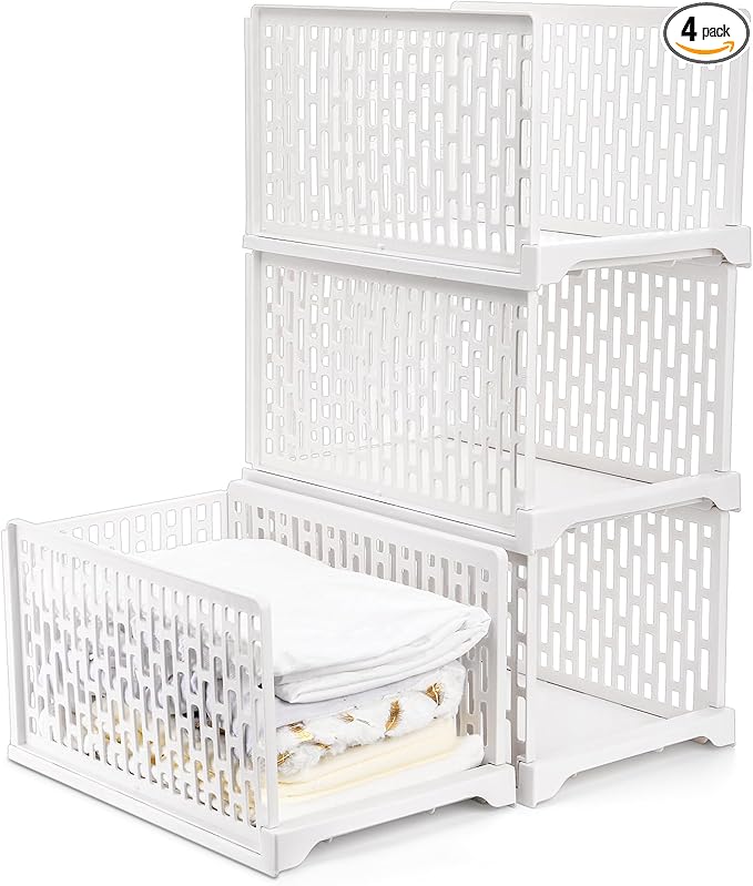 AVLA 4 Pack 38" Stackable Plastic Storage Basket, Plastic Foldable Closet Organizer Storage Bins, Wardrobe Storage Box Clothes Drawer Shelf Container for Cupboard Bedroom Dorm Bathroom Kitchen Office