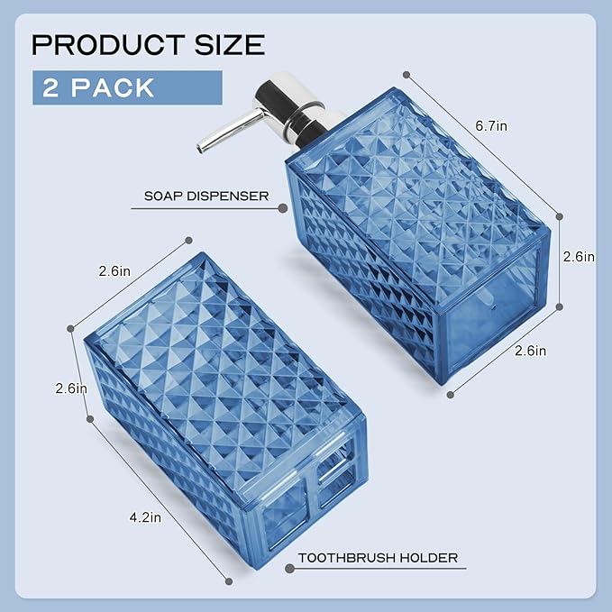 Blue Bathroom Accessories Set 2 PCS, Navy Blue Bathroom Accessories Include Soap Dispenser and Toothbrush Holder, Diamond Pattern Bathroom Set for Boho Bathroom Decor