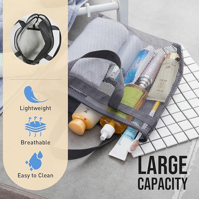Mesh Shower Caddy, Portable Shower Bag, Quick-Dry Hanging Caddy Bath Organizer with Zipper, Toiletry Bag Essentials for Camping Travel College Dorm Room Gym (Grey)