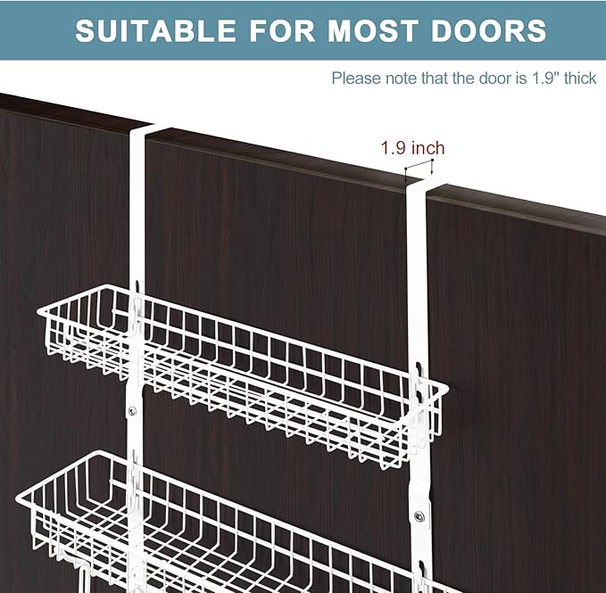 Over The Door Hanger Organizer with 2 Mesh Baskets & 5 Towel Hooks, Detachable Behind The Door Storage Towel Rack for Coats, Hats, Handbags, Easy Install Metal Hanging Hook Coat Rack Shelf, White