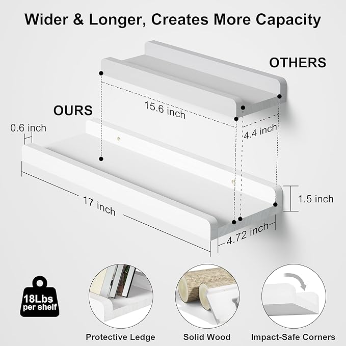 Love-KANKEI Floating Shelves Wall Mounted Set of 2, 17 Inch Rustic Wood Wall Shelves for Storage, Bedroom Living Room Bathroom Kitchen Office and More White