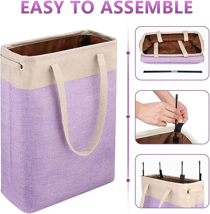 Laundry Basket with Handles Beige&Purple Slim Laundry Bin Collapsible Dirty Clothes Basket Narrow Laundry Bag Foldable Dirty Hamper for Camping, Dorms, Apartments