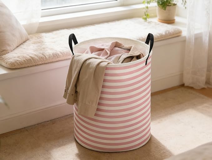 ESSME Kids Laundry Basket,Pink Hamper Collapsible Canvas Waterproof Storage Bin for Girls, Cute Hamper,Gift Baskets(Pink stripes)