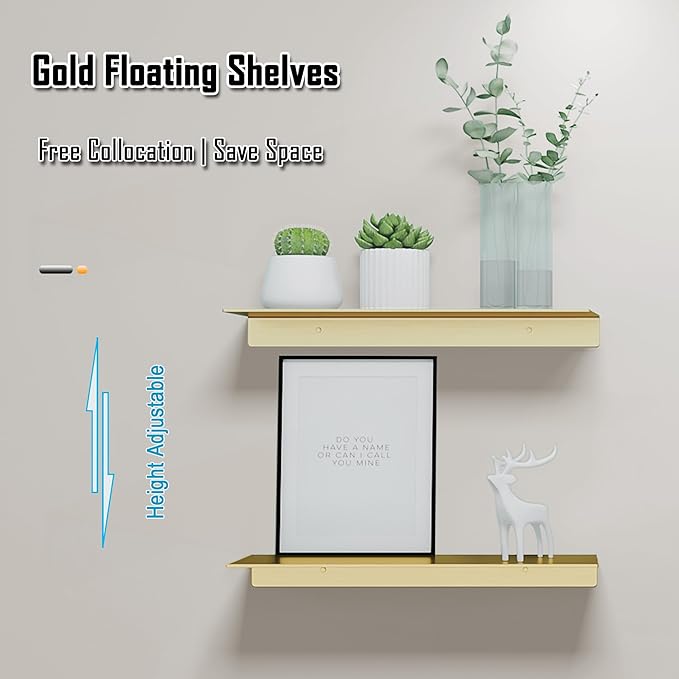 HNVNER Metal Floating Shelves, Set of 2, Brushed Gold Wall Shelves Picture Ledge, Shower Caddy Wall Mounted, Decorative Display Shelf for Bedroom, Living Room, Bathroom, Office