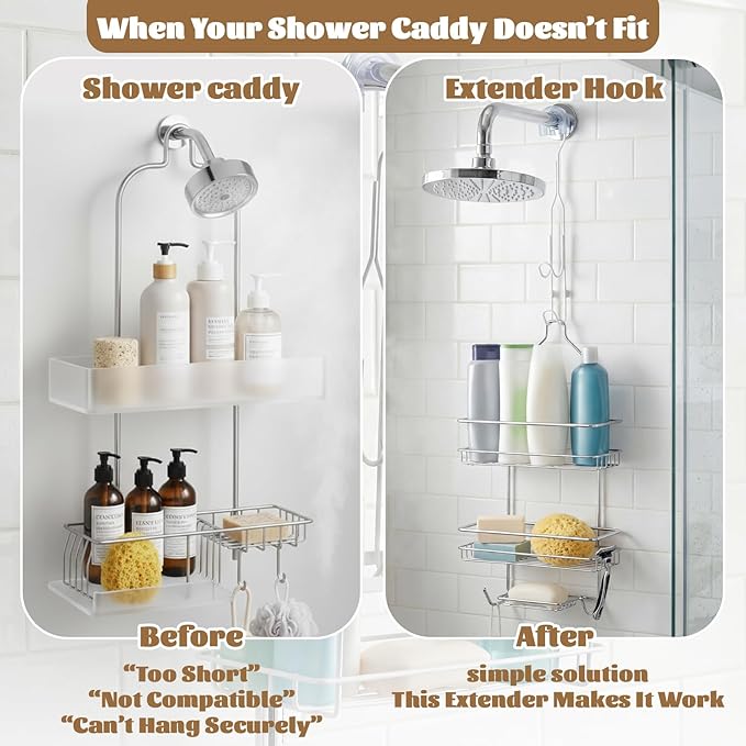 LEIFIDE 2 Pack Shower Caddy Extender Hooks 11 Inch Stainless Steel Bathroom Hanging Hooks with U-shaped Non-slip Mats Rustproof Waterproof Shower Organizer Extension No Drilling