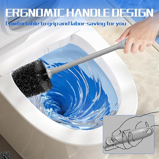 Toilet Brush and Holder 4 Pack with Long Handle - Non-Slip Grip Toilet Bowl Brush Set for Deep Cleaning Bathroom, Toilet Scrubber- Gray