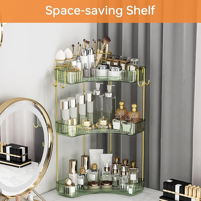3-Tier Corner Bathroom Counter Organizer，Makeup & Skincare Shelf with Built-in Brush Holder，Space-Saving Bathroom Countertop Organizer for Skincare, Perfume, Cosmetics(Green)