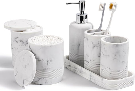 Bathroom Accessories Set, 6-Piece Bathroom Accessory Set, Toothbrush Holders Set, Soap Dispenser, Vanity Tray, Tumbler, Cotton Swab Jars, Bathroom Organizer for Modern Bathrooms (Marble White)