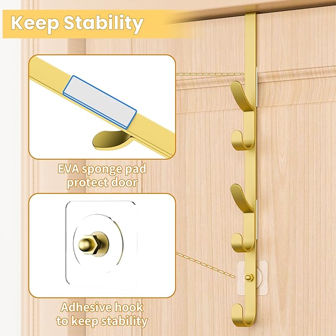 Kaiferty Over The Door Hooks, Metal Door Hooks for Hanging, Over The Door Purse Organizer for Door Coat Hanger, Back of Shower for Hanging Towel Rack Clothes, Hat, Bathroom, Closet (Gold-3Packs)