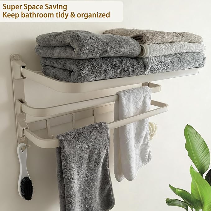 24in Towel Racks Shelf for Bathroom, Foldable Wall Mounted Towel Storage with 2 Towel Bar 9 Hook, Modern Rustproof Towel Holder with Shelves, Towel Hanger for Hotel Restroom RV Gym,Milky White