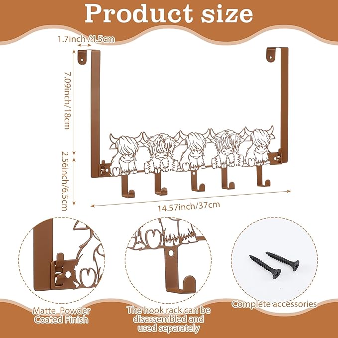 AceOrbit Highland Cow Over the Door Hooks Hanger Wall Mount Towel Hanger Door Holder Organizer 5 Hooks Kawaii Farmhouse Rustic Coquettish Style Decor for Bedroom Bathroom Towel Hat Clothes