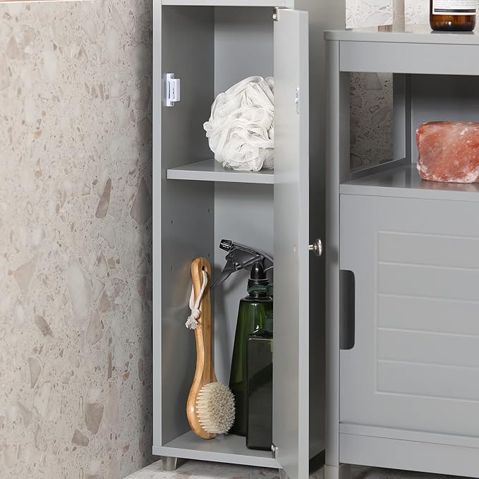 Haotian Bathroom Narrow Storage Cabinet Skinny Tall Unit with Adjustable Shelves Slender Anti-Tipping Floor Standing Cupboard, Gray BZR34-HG