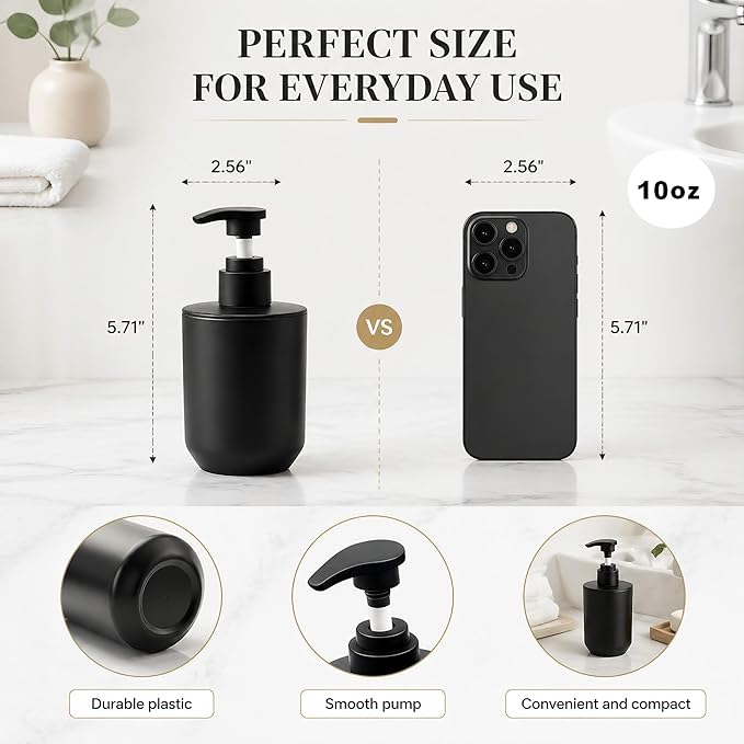 4-Piece Bathroom Accessories Set, Matte Black Plastic Countertop Organizer with Lotion Soap Dispenser, Tumbler, Cotton Swab Cup & Vanity Tray – Modern Bathroom Decor for Home
